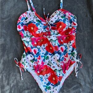SHEIN Red Blue & White Floral Print One-Piece Swimsuit